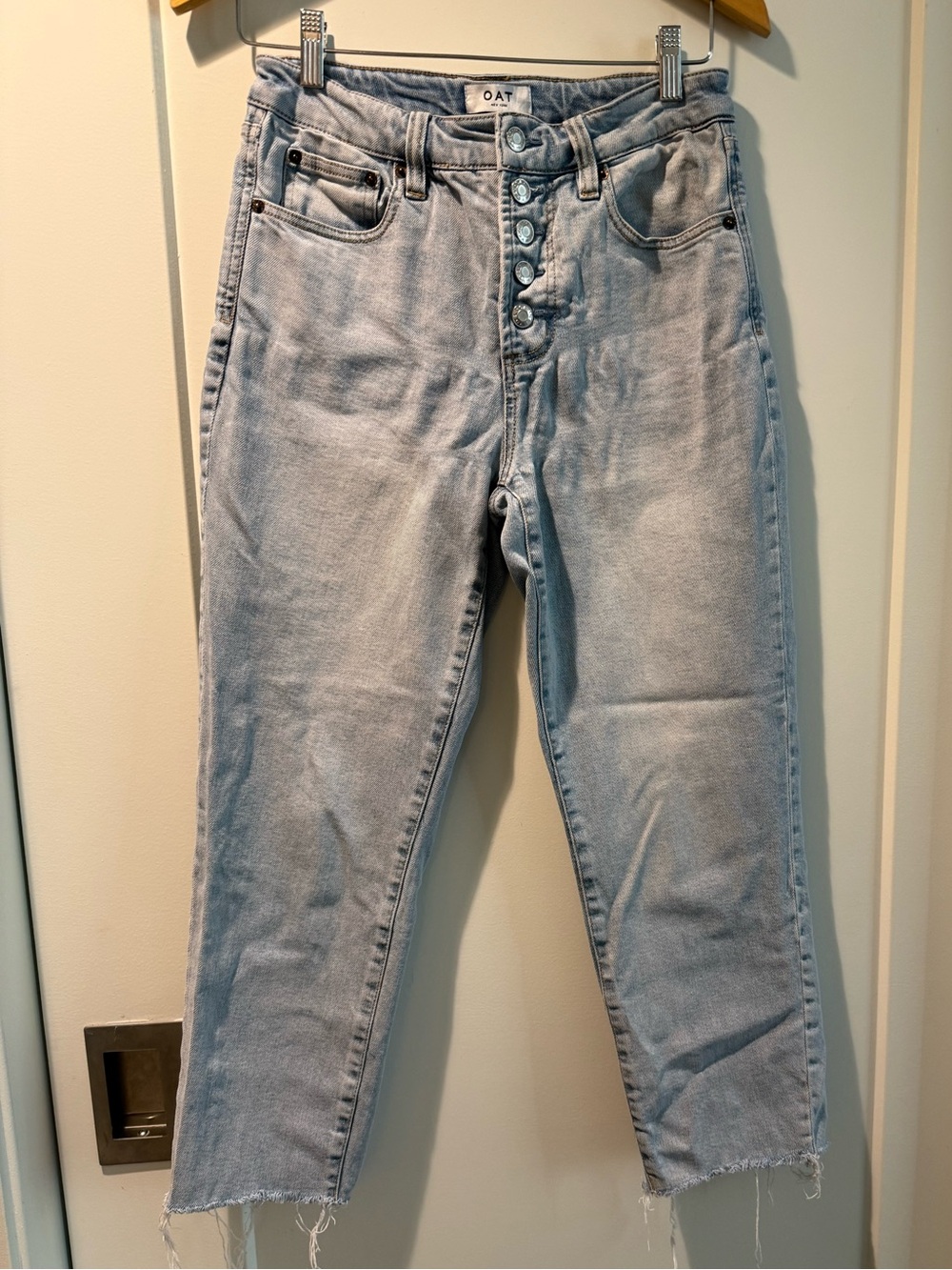 Oat New York Light Blue High-Rise Cropped Button-Fly Jeans
